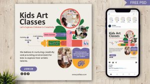 Free Kids Art Classes Social Media Post Mockup PSD