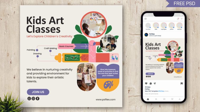Free Kids Art Classes Social Media Post Mockup PSD