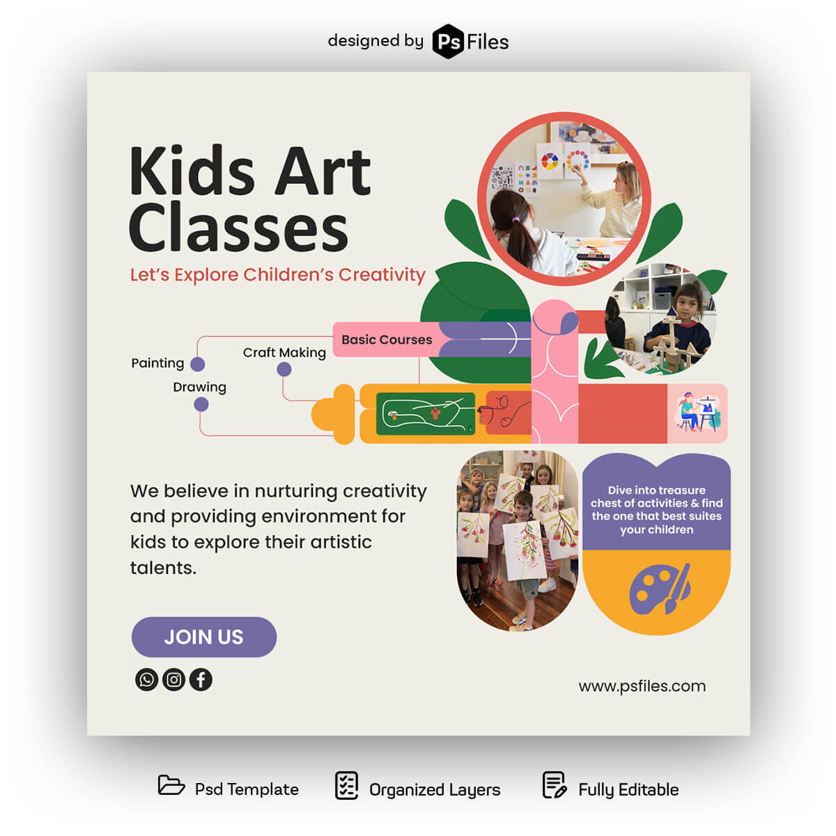 Free Kids Art Classes Social Media Post Mockup PSD