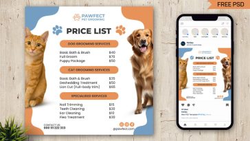 Free Pet Grooming Price List Social Media Post PSD Template
