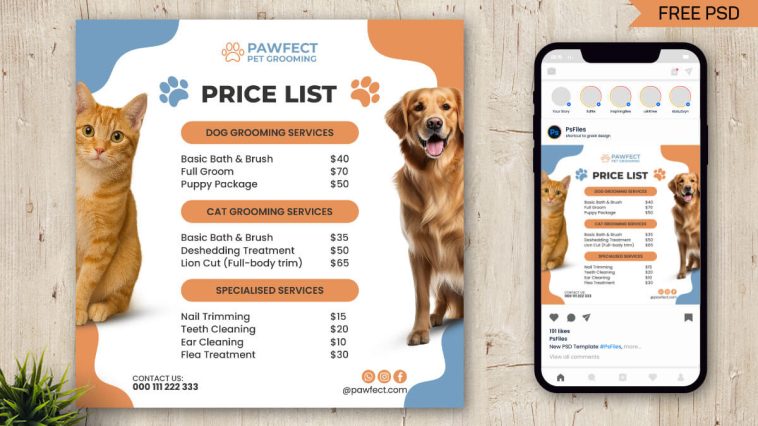 Free Pet Grooming Price List Social Media Post PSD Template