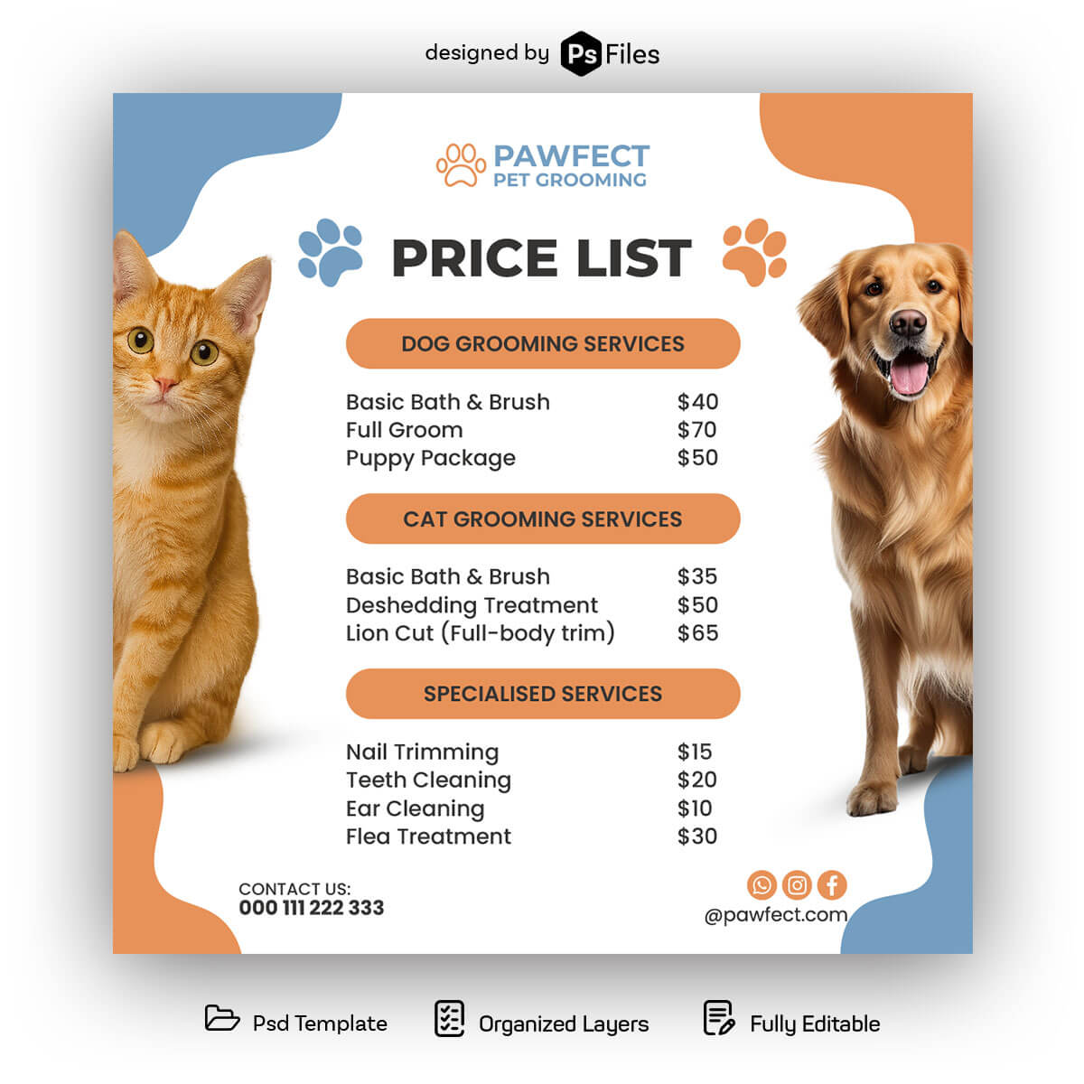 Free Pet Grooming Price List Social Media Post PSD Template