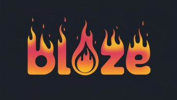 BLAZE logo with bold glowing fire-text letters, molten flame effects, and a teardrop flame icon on a deep charcoal black background with sparks and heat distortion