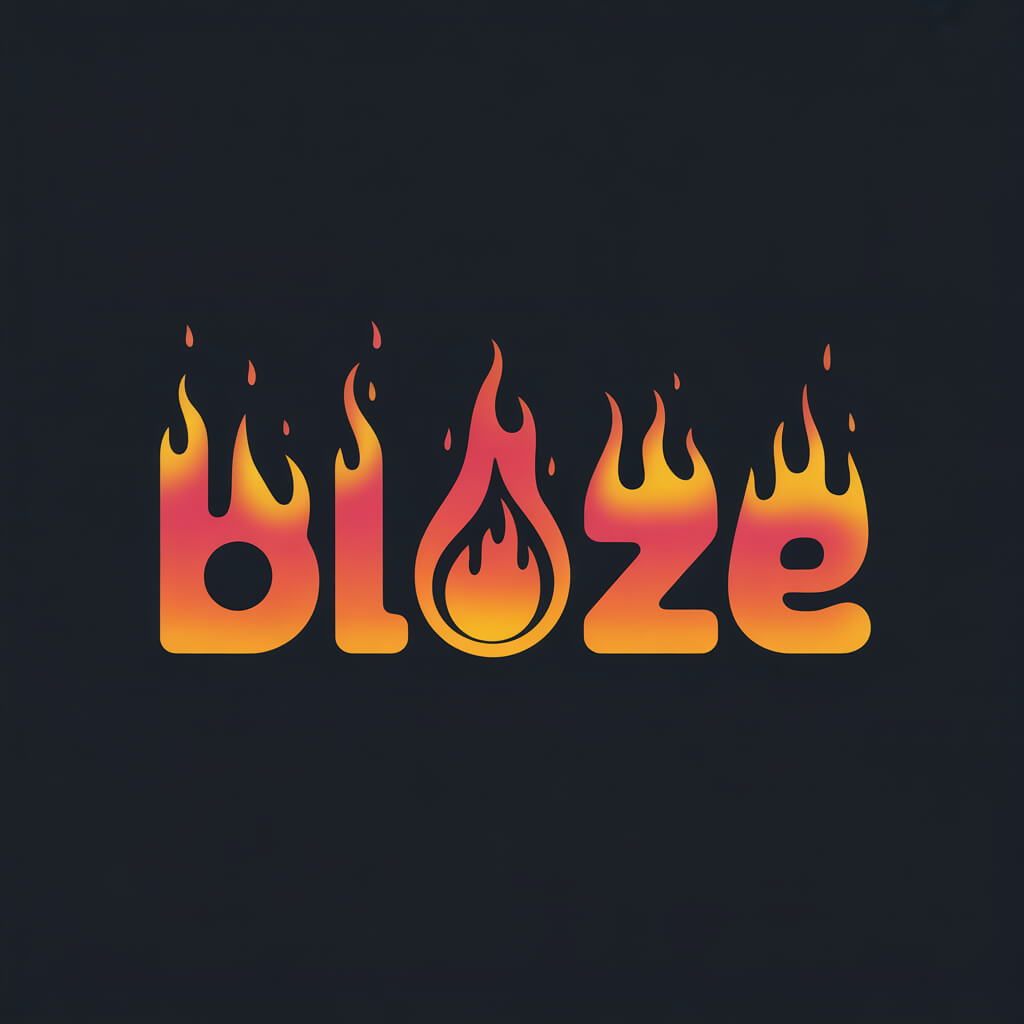 BLAZE logo with bold glowing fire-text letters, molten flame effects, and a teardrop flame icon on a deep charcoal black background with sparks and heat distortion