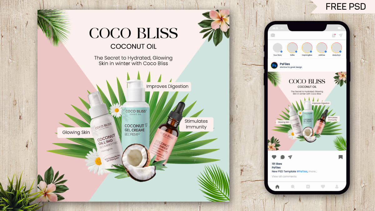 Free Coco Bliss Coconut Oil Social Media Post PSD Template
