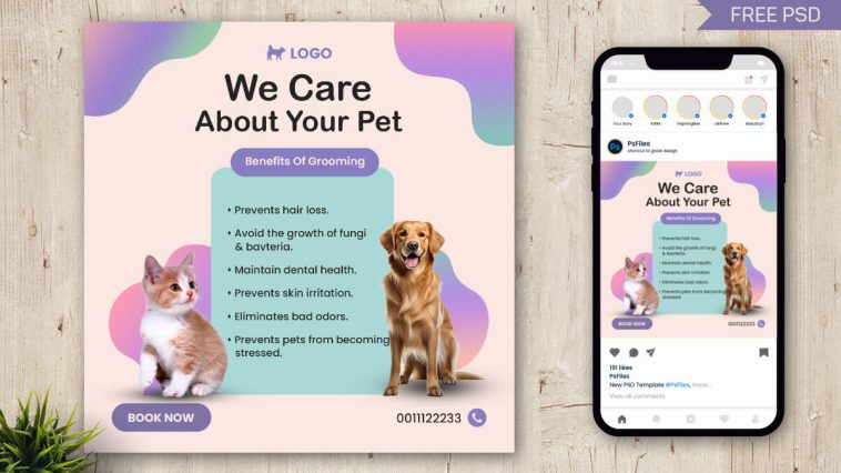 Free Pet Grooming Care Social Media Post Mockup PSD