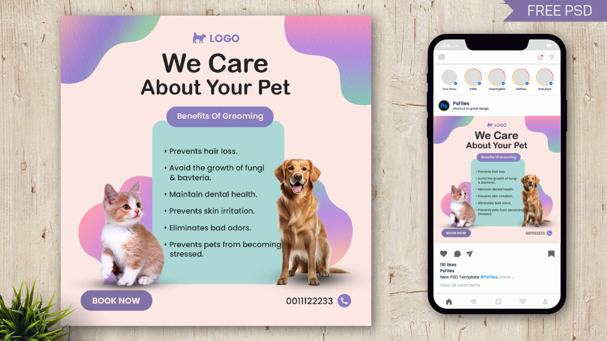 Free Pet Grooming Care Social Media Post Mockup PSD