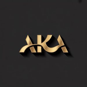 AKA logo in bold shimmering gold letters with curved K design and 3D shadow on a deep charcoal gray background.