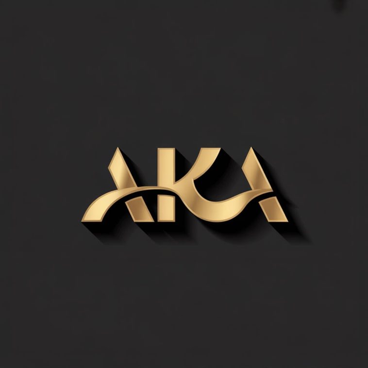 AKA logo in bold shimmering gold letters with curved K design and 3D shadow on a deep charcoal gray background.