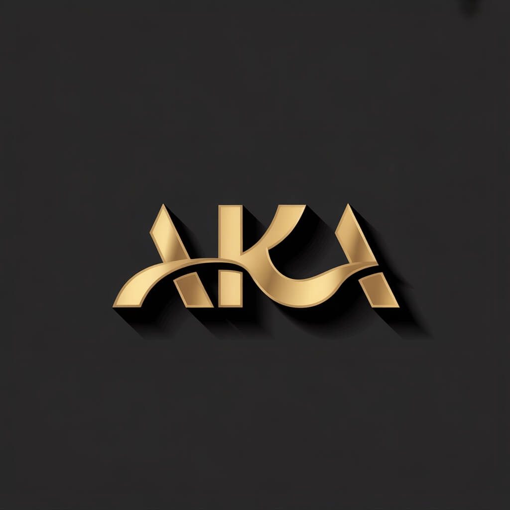 AKA logo in bold shimmering gold letters with curved K design and 3D shadow on a deep charcoal gray background.
