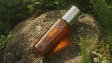Amber hair serum bottle on moss-covered rock surrounded by ferns and wildflowers, with soft sunlight and natural aesthetic. Generate AI Image with Prompt.