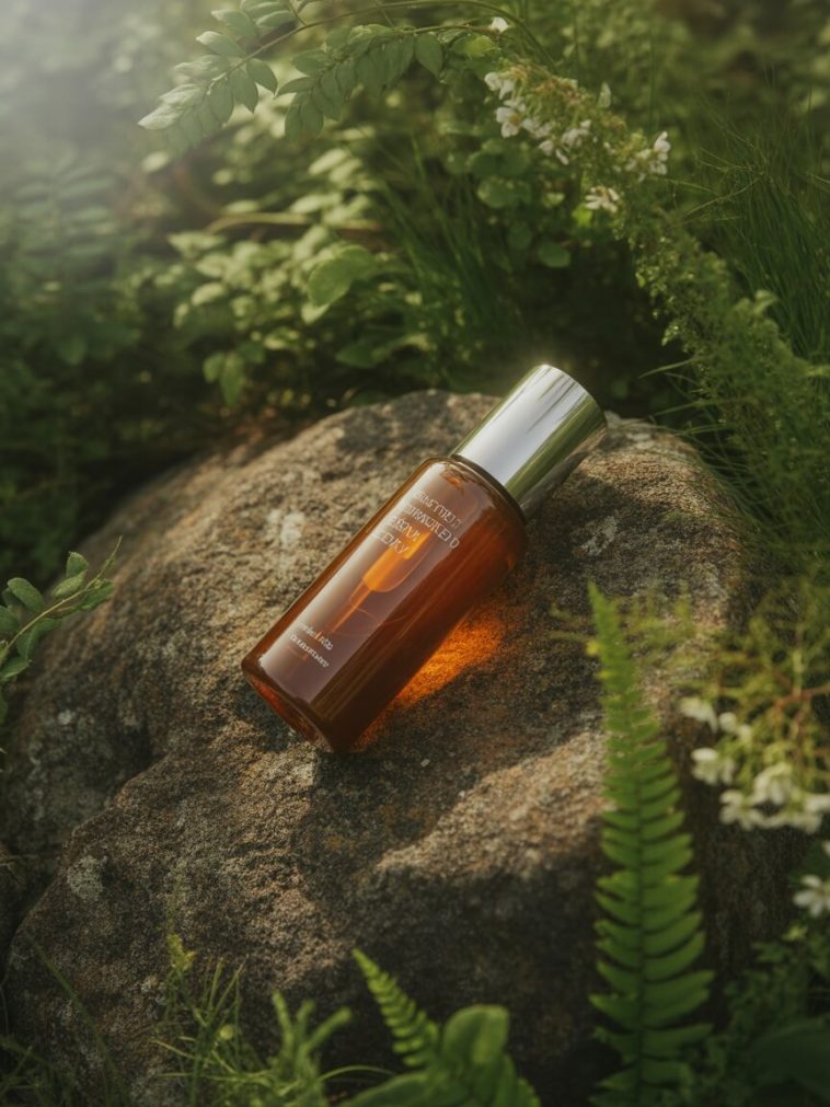 Amber hair serum bottle on moss-covered rock surrounded by ferns and wildflowers, with soft sunlight and natural aesthetic. Generate AI Image with Prompt.