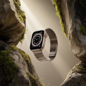 Apple Watch Ultra 2 suspended between moss-covered granite rocks with soft sunlight and a beige gradient background.