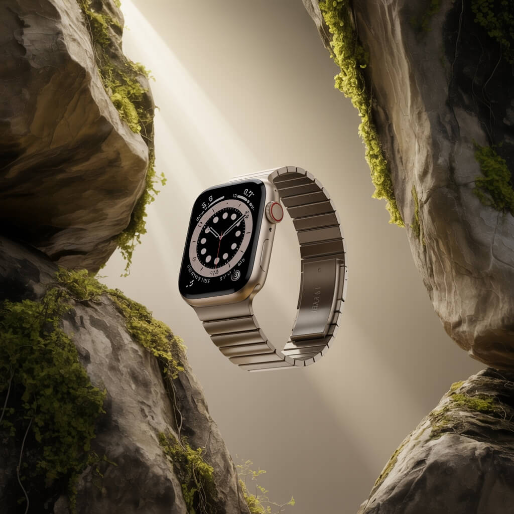 Apple Watch Ultra 2 suspended between moss-covered granite rocks with soft sunlight and a beige gradient background.