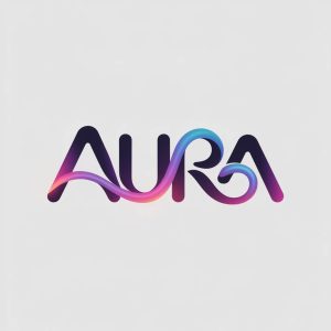 A minimalist AURA logo formed by a continuous flowing line with a violet-to-blue-to-pink gradient on a white background.