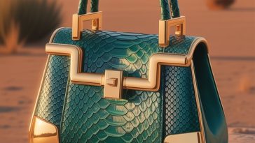 A hyperrealistic emerald snake leather luxury handbag with gold-plated accents resting on weathered stone in a desert landscape under dramatic evening light.