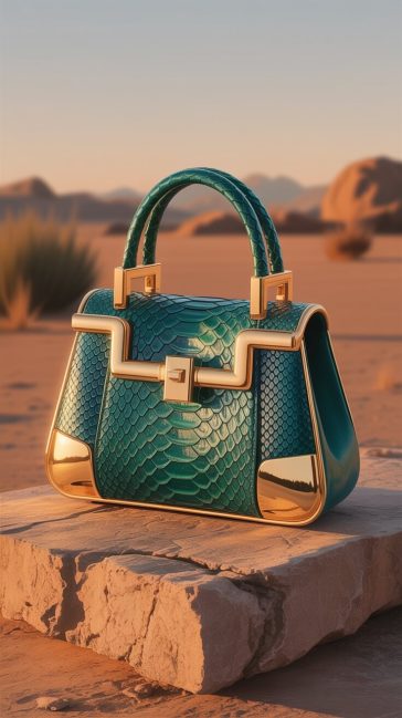 A hyperrealistic emerald snake leather luxury handbag with gold-plated accents resting on weathered stone in a desert landscape under dramatic evening light.