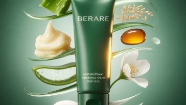 Hand Whitening Cream tube with aloe vera, shea butter, sesame seeds, and vitamin E oil in luxury dark green 8K skincare product setup.