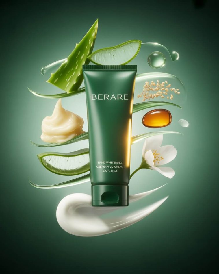 Hand Whitening Cream tube with aloe vera, shea butter, sesame seeds, and vitamin E oil in luxury dark green 8K skincare product setup.