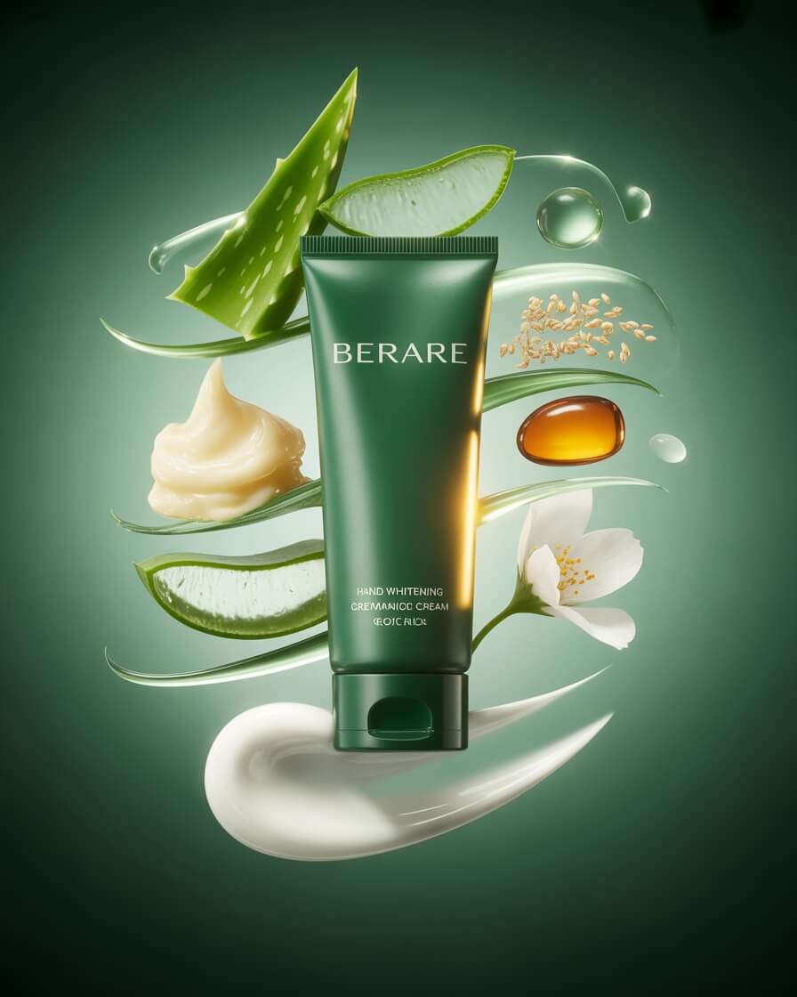 Hand Whitening Cream tube with aloe vera, shea butter, sesame seeds, and vitamin E oil in luxury dark green 8K skincare product setup.