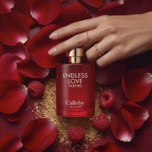 Luxury product photo of Calleby Endless Love Inspire perfume bottle surrounded by rose petals, gold glitter, and raspberries with a hand wearing gold rings.