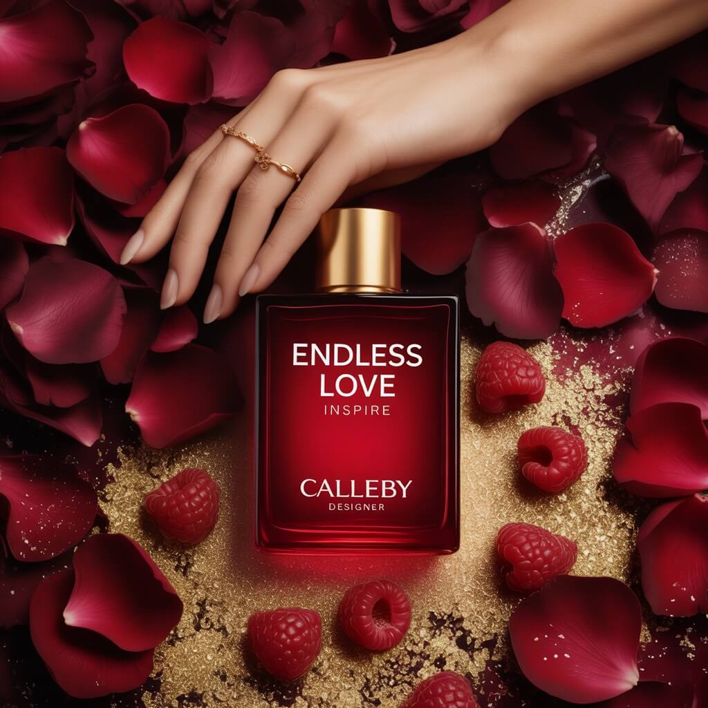 Luxury product photo of Calleby Endless Love Inspire perfume bottle surrounded by rose petals, gold glitter, and raspberries with a hand wearing gold rings.