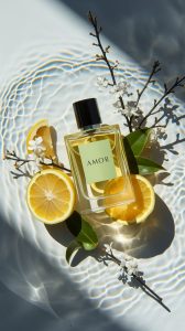 Fine art AI photograph of the Amor perfume bottle in shallow water with bergamot slices, green leaves, and Hinoki branches under warm sunlight.