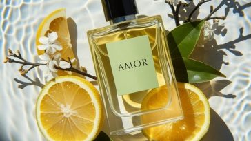 Fine art AI photograph of the Amor perfume bottle in shallow water with bergamot slices, green leaves, and Hinoki branches under warm sunlight.