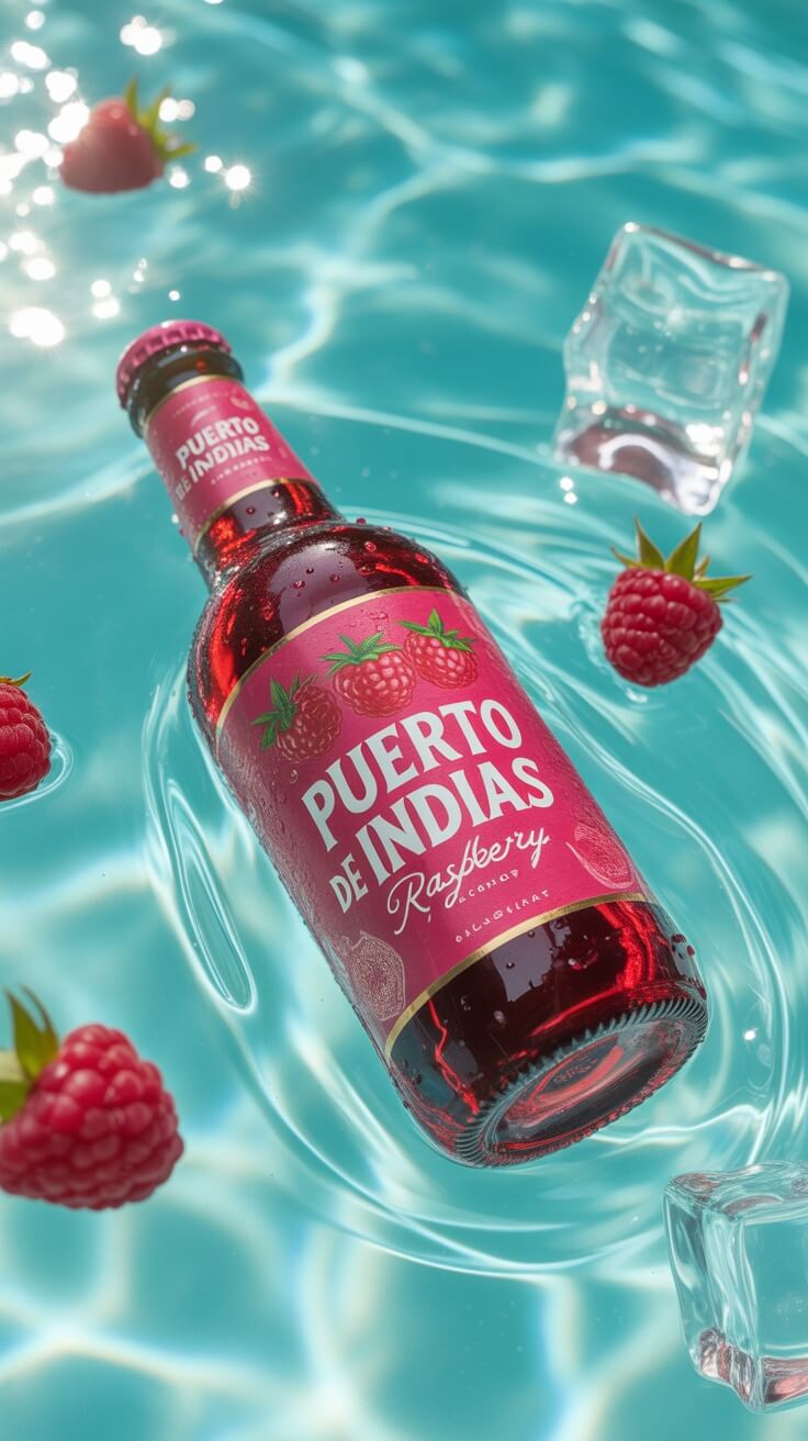 Puerto de Indias raspberry beverage bottle floating in turquoise pool water with raspberries, ice cubes, and bright summer reflections.