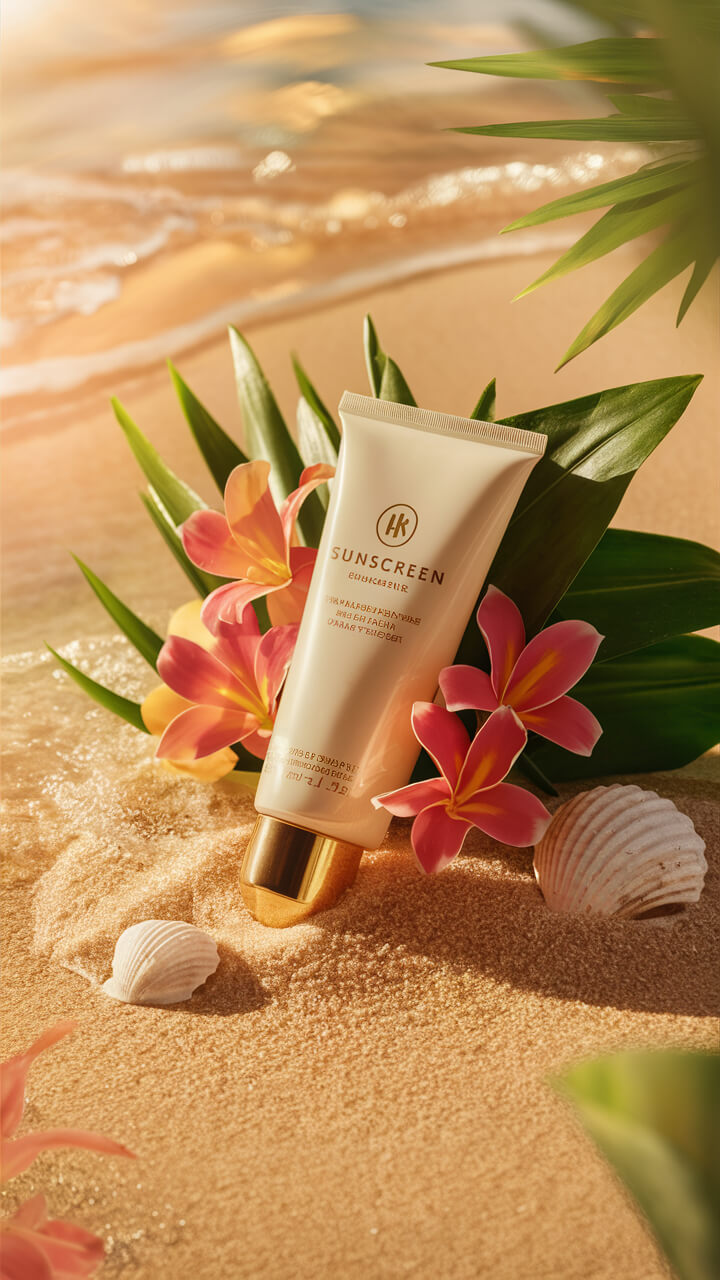 Luxury sunscreen tube with cream and gold packaging on sandy beach surrounded by seashells and tropical flowers under warm sunlight.