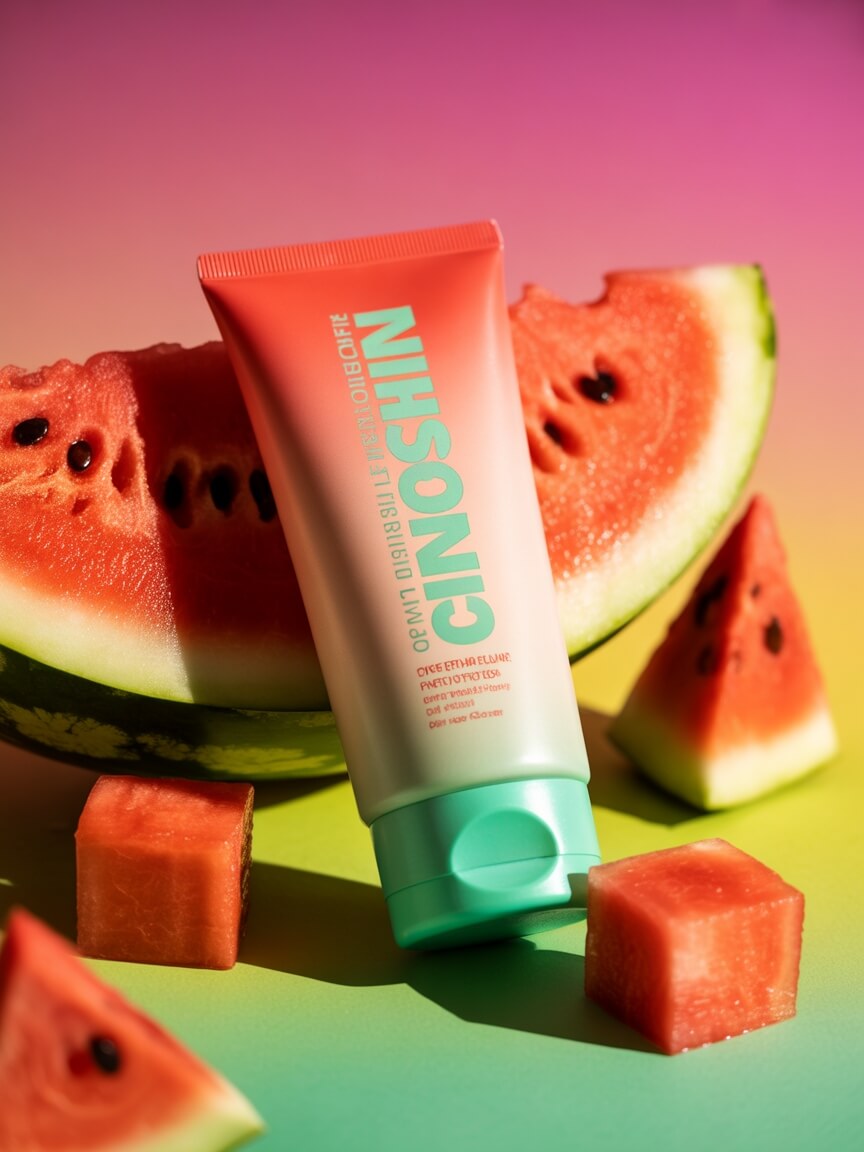 A vibrant watermelon-themed sunscreen tube with coral-red to light-green packaging surrounded by fresh watermelon slices on a pink-to-green gradient background.