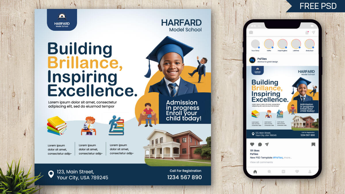 Free School Admission Promotion Social Media Post PSD Template