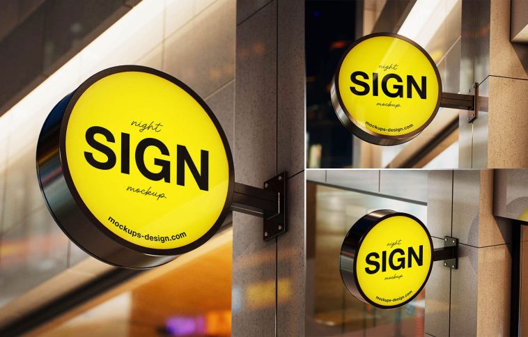 3 Free Night Round Sign Mockup PSD Set