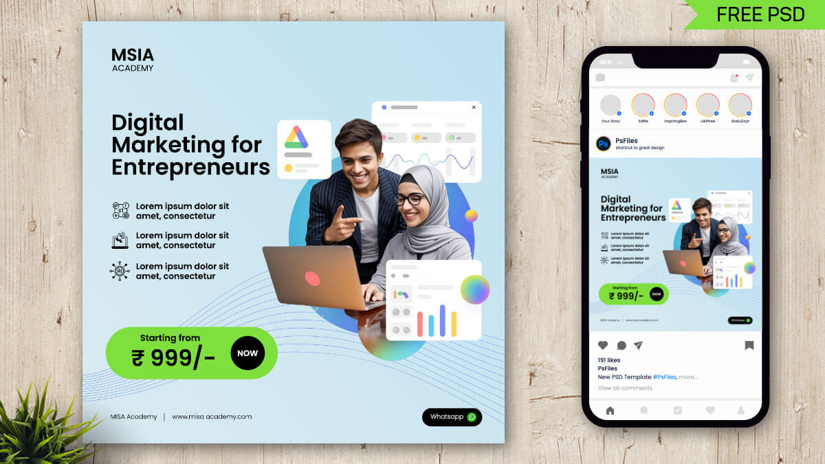 Free Digital Marketing Course Social Media Post Mockup PSD for Entrepreneurs