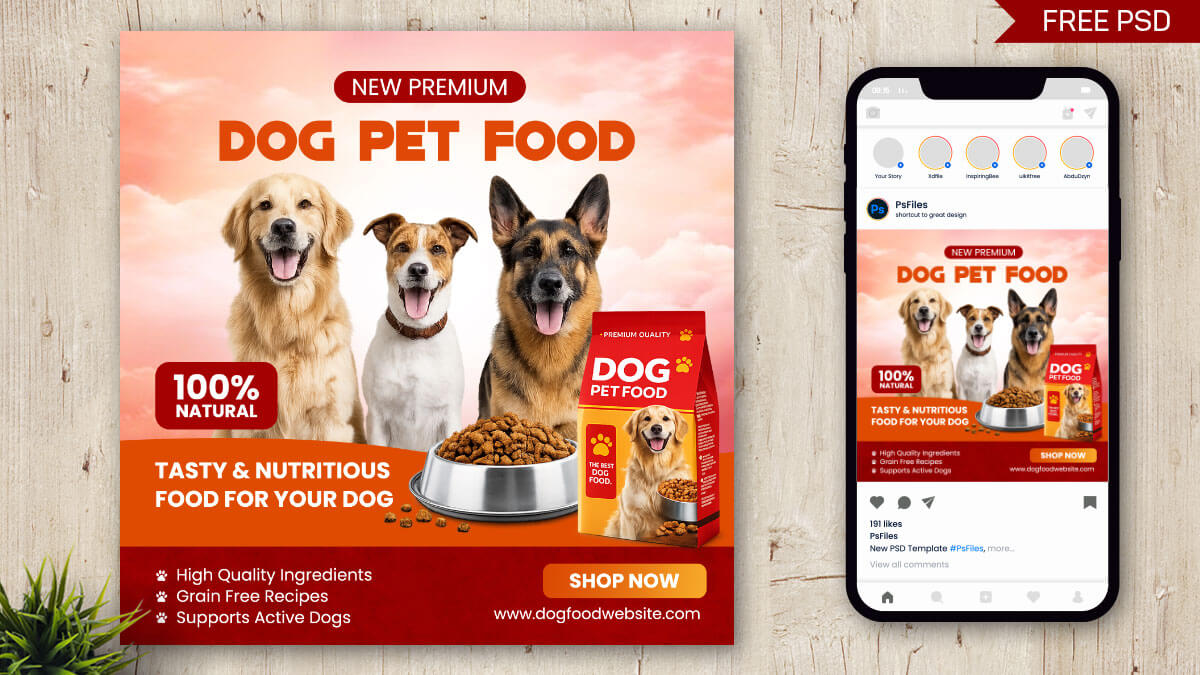 Free Dog Pet Food Social Media Post And Poster Mockup PSD Template