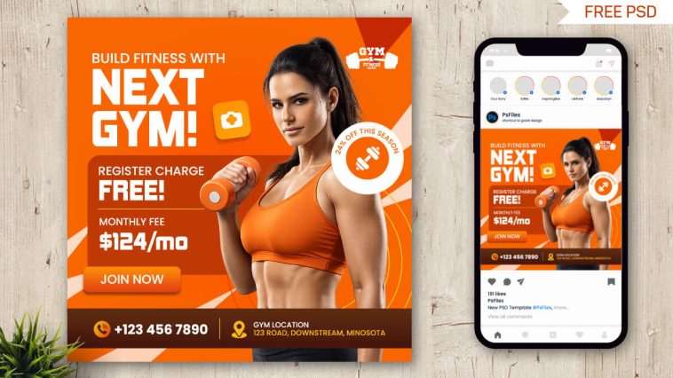 Free Gym And Fitness Social Media Post Mockup PSD Template