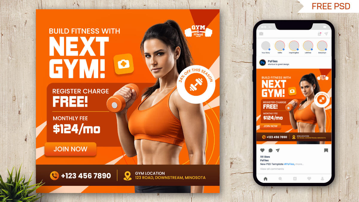 Free Gym And Fitness Social Media Post Mockup PSD Template