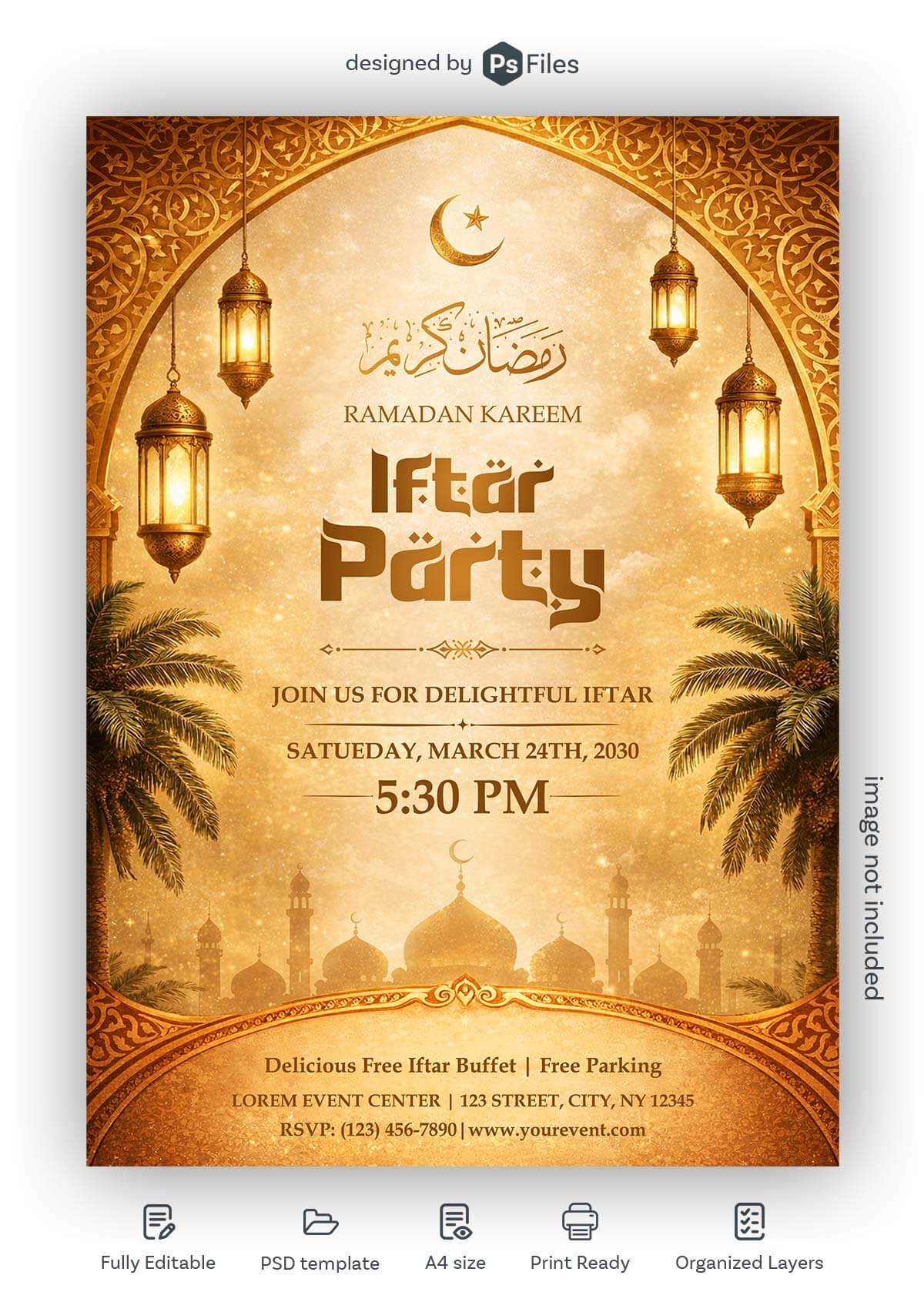 Free Iftar Party Photoshop Flyer PSD 2026 – Ramadan Event Invitation Template