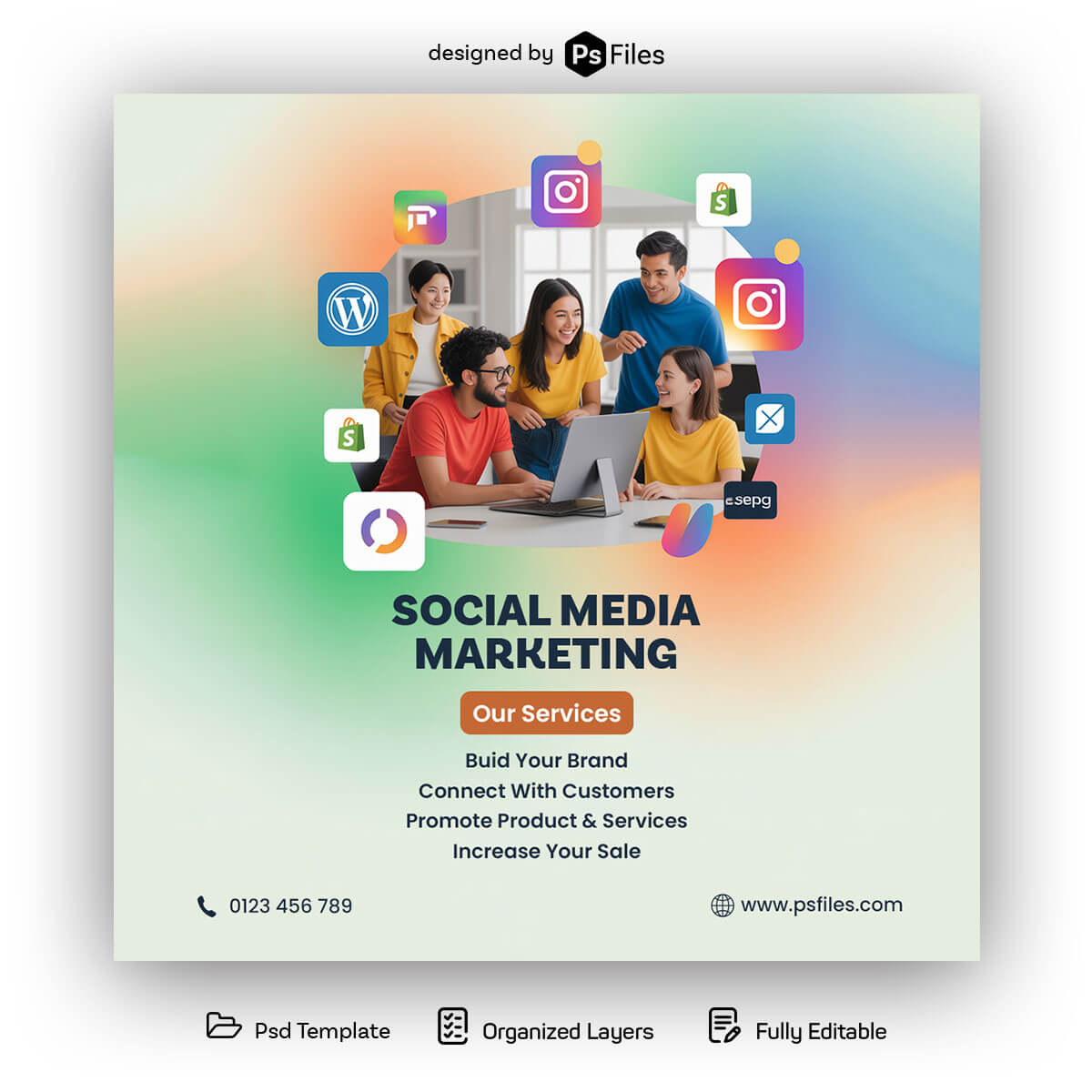 social media marketing agency instagram post psd template digital marketing promotion design with team and social media icons free download