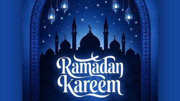 Blue Ramadan Kareem greeting poster with mosque silhouette, crescent moon, hanging lanterns and Islamic arch frame