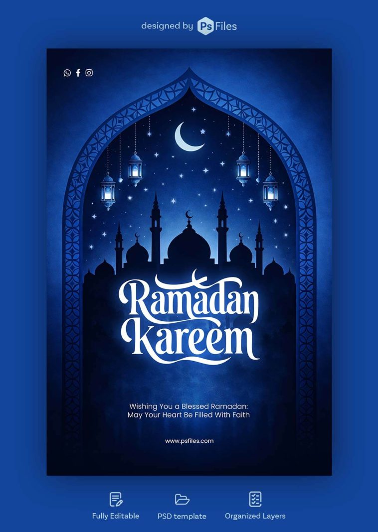 Blue Ramadan Kareem greeting poster with mosque silhouette, crescent moon, hanging lanterns and Islamic arch frame