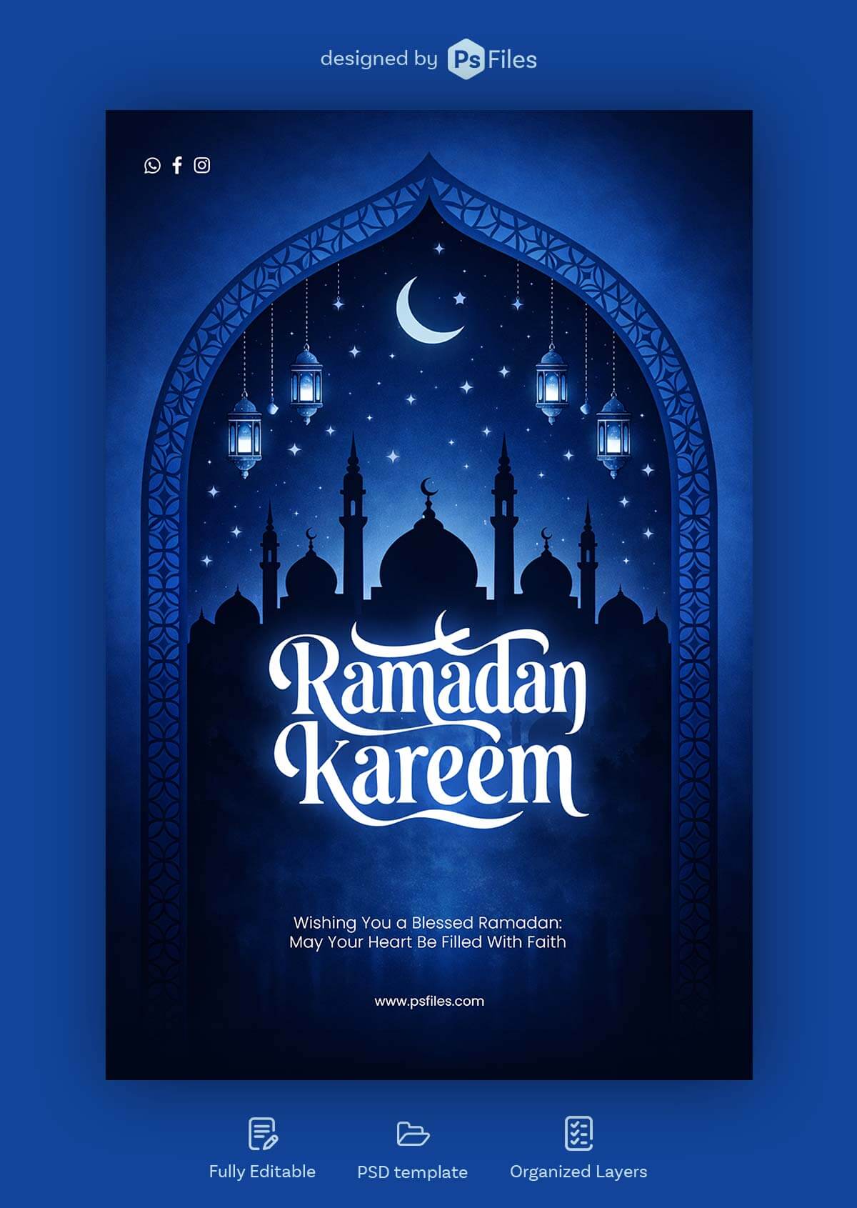 Blue Ramadan Kareem greeting poster with mosque silhouette, crescent moon, hanging lanterns and Islamic arch frame