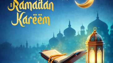 Blue Ramadan Kareem poster with Quran, tasbih beads, crescent moon, lantern and mosque silhouette background