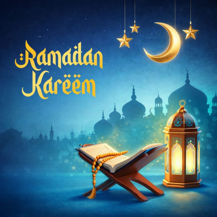 Blue Ramadan Kareem poster with Quran, tasbih beads, crescent moon, lantern and mosque silhouette background