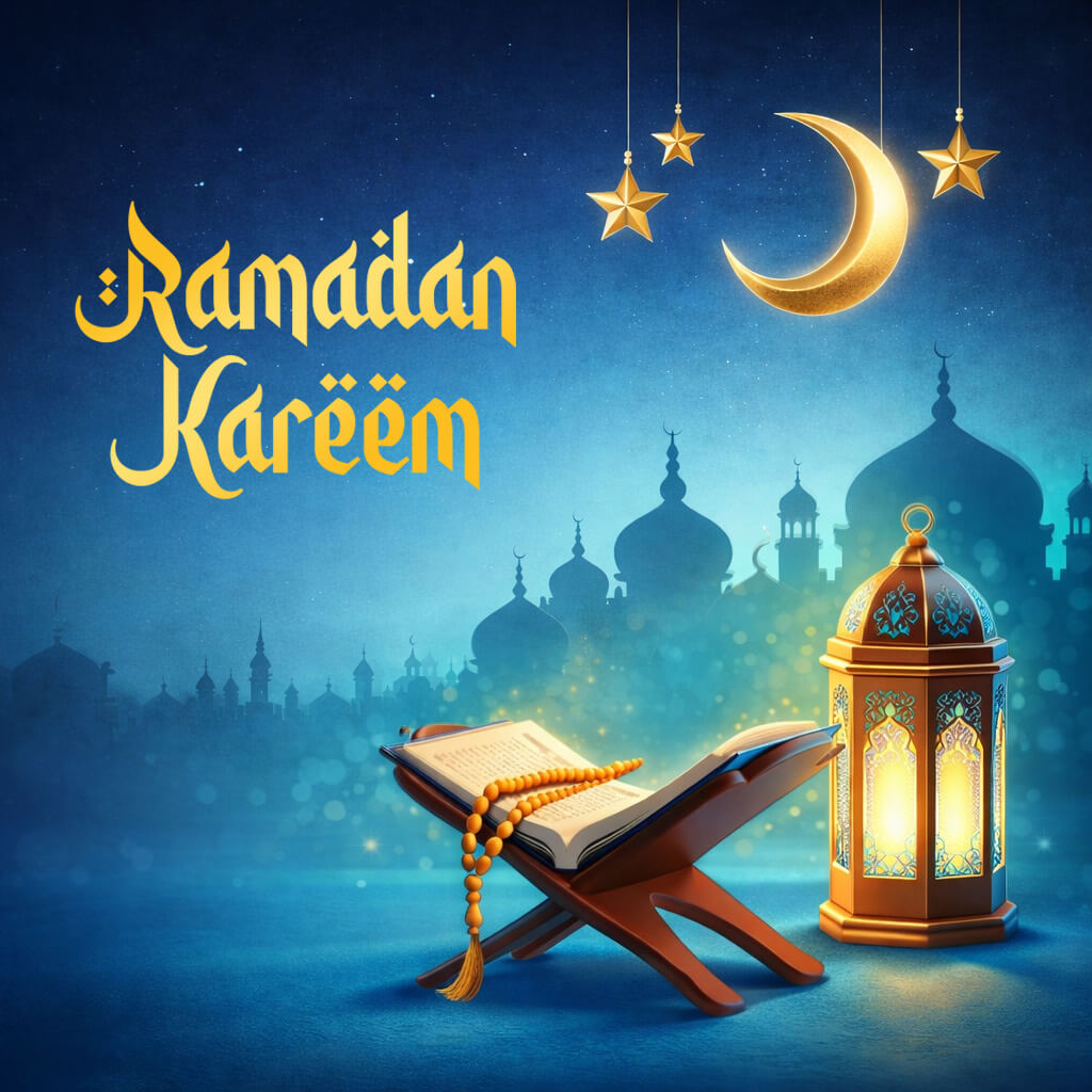 Blue Ramadan Kareem poster with Quran, tasbih beads, crescent moon, lantern and mosque silhouette background