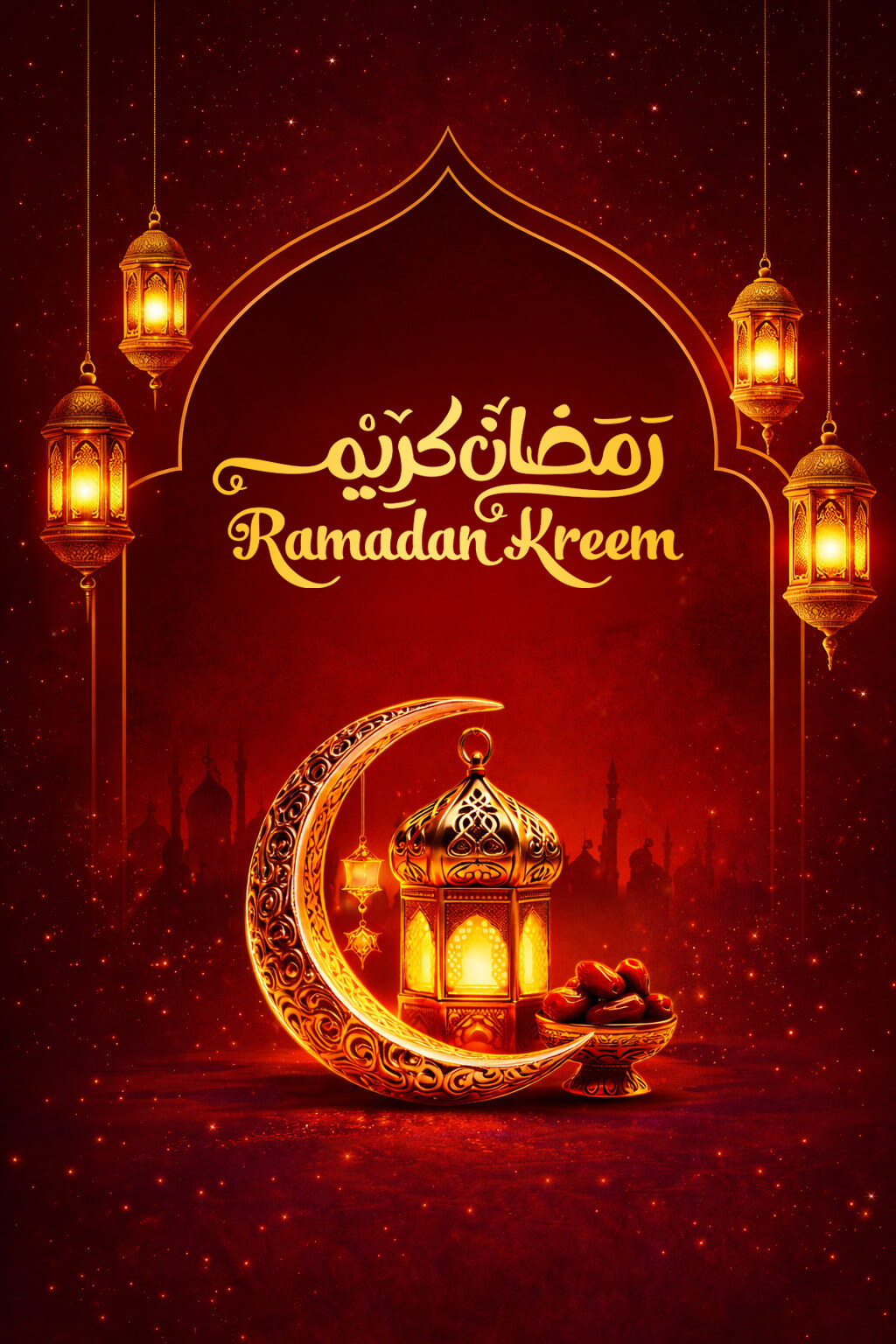 Red and gold Ramadan Kareem poster design with crescent moon, lantern, hanging lamps and Islamic background