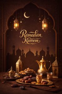 Ramadan Nights Delights poster with Iftar table, dates, Arabic coffee pot, lanterns and mosque background
