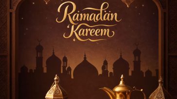 Ramadan Nights Delights poster with Iftar table, dates, Arabic coffee pot, lanterns and mosque background