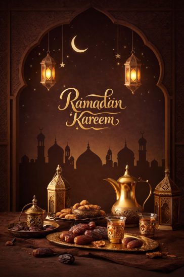Ramadan Nights Delights poster with Iftar table, dates, Arabic coffee pot, lanterns and mosque background