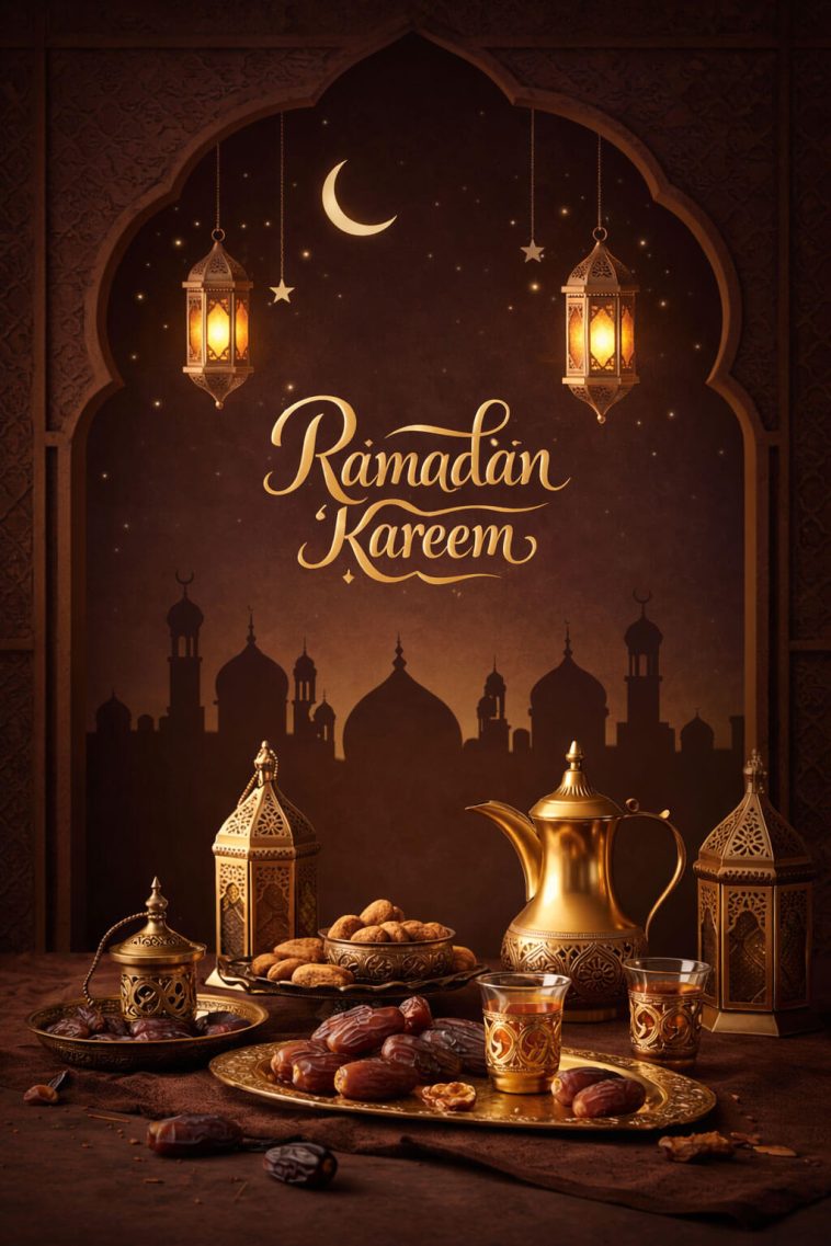 Ramadan Nights Delights poster with Iftar table, dates, Arabic coffee pot, lanterns and mosque background
